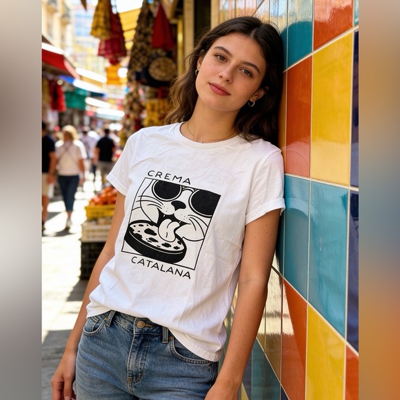 white tshirt Tops - Crema Catalona Spain- CAT Graphic Short Sleeve Tee-Whiteo